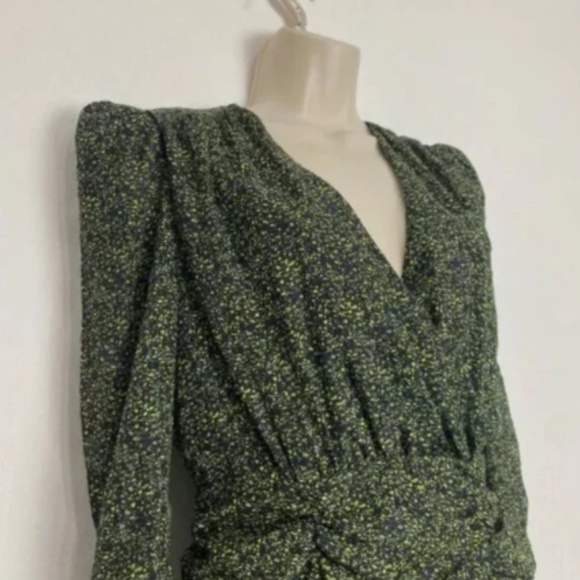 Zara Green Black Floral Ruched Draped Mini Dress Puff Shoulder V-Neck - Picture 5 of 6